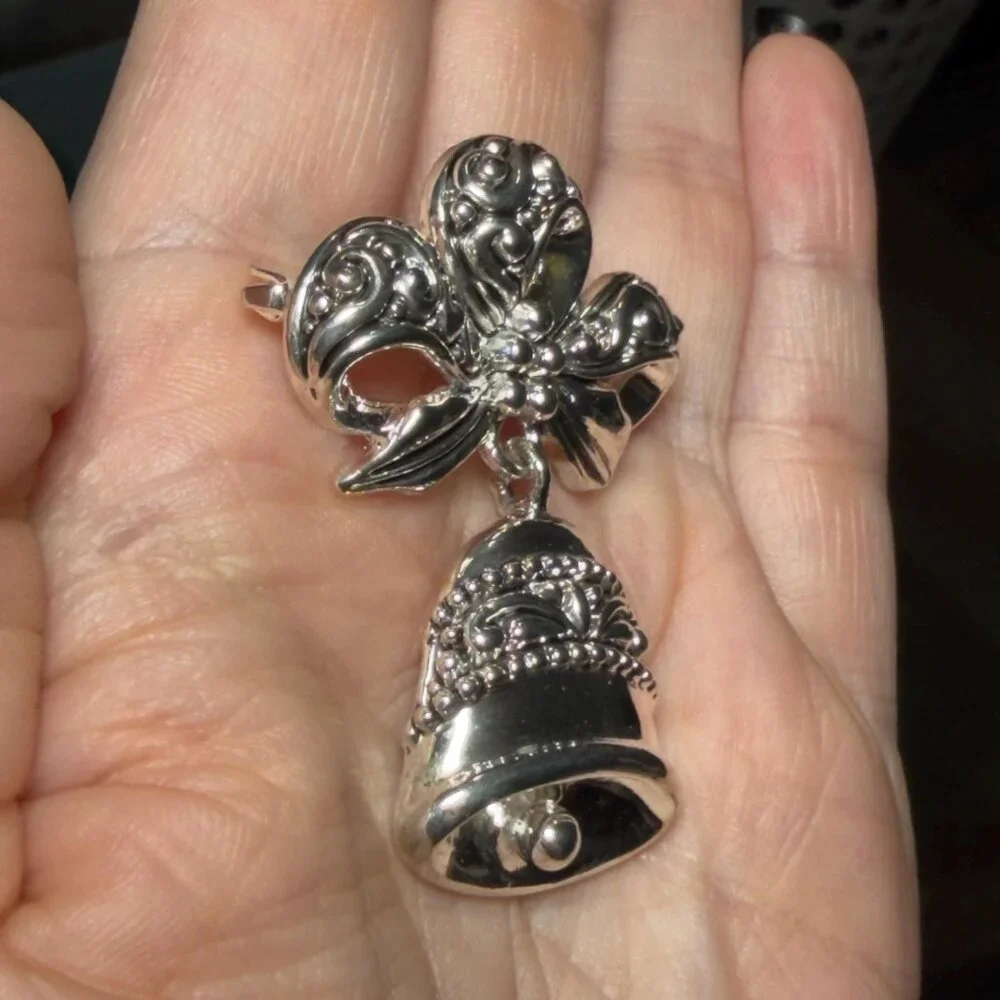 Bell Brooch Silver Tone Dangle Bow Pin Vintage Style 2 Inch
